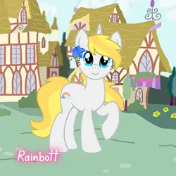 Size: 600x600 | Tagged: safe, artist:rainbott, derpibooru import, oc, pony, unicorn, blonde hair, blue eyes, female, image, mare, picrew, png, ponysona creator, ponyville, smiling, solo, solo female, white coat