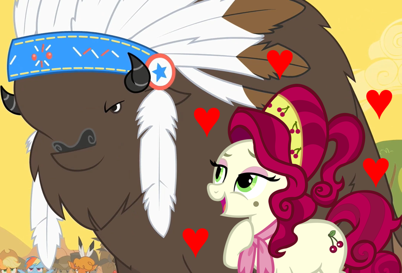 Size: 1059x720 | Tagged: safe, artist:sugar-loop, derpibooru import, edit, edited screencap, screencap, vector edit, cherry jubilee, chief thunderhooves, buffalo, earth pony, pony, over a barrel, beauty mark, crack shipping, duo focus, female, headpiece, heart, image, male, mare, png, shipping, straight, thundercherry, vector