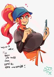 Size: 1400x2000 | Tagged: safe, artist:sozglitch, derpibooru import, sunset shimmer, human, equestria girls, apron, baseball cap, big breasts, breasts, busty sunset shimmer, cap, clipboard, clothes, female, hat, huge breasts, image, jpeg, looking at you, ponytail, shirt, simple background, solo, t-shirt, talking to viewer, waitress, white background