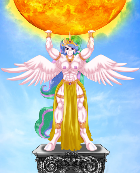 Size: 2835x3499 | Tagged: questionable, artist:ponymaan, derpibooru import, princess celestia, alicorn, anthro, pony, unguligrade anthro, abs, armpits, breasts, busty princess celestia, crown, female, goddess, holding, image, jewelry, looking at you, mare, muscles, muscular female, png, praise the sun, princess musclestia, regalia, solo, spread wings, sun, tangible heavenly object, wings
