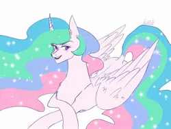 Size: 2160x1620 | Tagged: safe, artist:kaifeather, derpibooru import, princess celestia, alicorn, pony, curved horn, dock, ear fluff, horn, image, jpeg, looking at you, lying down, open mouth, open smile, prone, simple background, smiling, solo, tail, white background