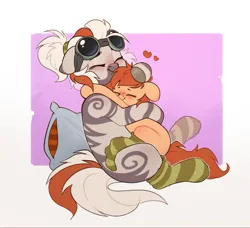 Size: 2114x1931 | Tagged: safe, artist:rexyseven, derpibooru import, oc, oc:rusty gears, unofficial characters only, earth pony, pony, zebra, blushing, clothes, duo, duo female, eyes closed, female, filly, foal, freckles, goggles, heart, hug, image, mother and child, mother and daughter, pillow, png, sitting, smiling, socks, striped socks, younger