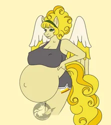 Size: 1810x2036 | Tagged: suggestive, artist:madebyponies, derpibooru import, oc, oc:lemon meringue, alicorn, anthro, alicorn oc, belly, belly button, big belly, breasts, cleavage, clothes, colored wings, curly hair, curly tail, erect nipples, eyebrows, eyelashes, female, hand on hip, headband, hips, horn, image, jpeg, multicolored wings, nipple outline, nostrils, outie belly button, pegasus wings, pregnant, shorts, smiling, snout, solo, sports bra, sports shorts, tail, thighs, two toned hair, two toned tail, wings