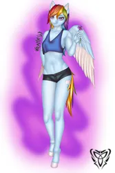 Size: 1567x2351 | Tagged: safe, alternate version, artist:wraith148, derpibooru import, rainbow dash, anthro, pegasus, unguligrade anthro, belly, belly button, breasts, clothes, daisy dukes, ear piercing, female, flower, hips, image, jpeg, looking at you, midriff, multicolored hair, pegasus wings, piercing, rainbow hair, rainbow tail, shorts, small breasts, smiling, snout, solo, spread wings, tail, thighs, thin, wings