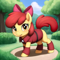 Size: 2500x2500 | Tagged: safe, derpibooru import, machine learning generated, stable diffusion, apple bloom, earth pony, pony, bush, clothes, dress, female, filly, foal, image, looking at you, medallion, open mouth, outdoors, png, solo, tree