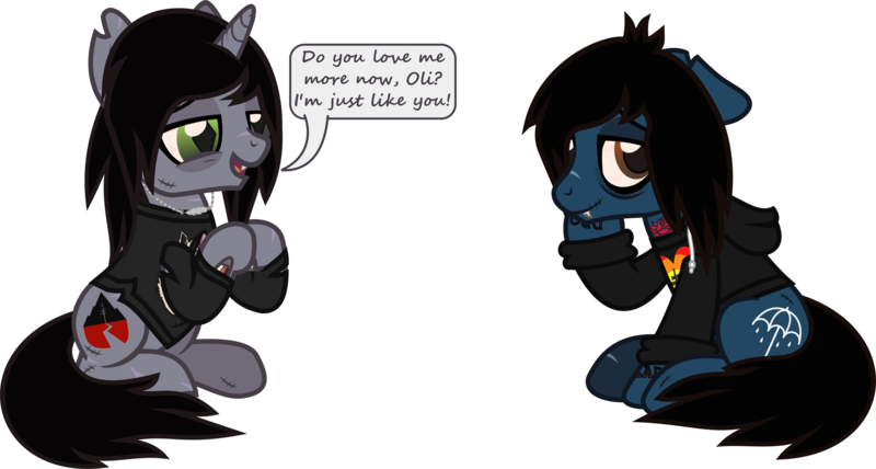 Size: 2175x1164 | Tagged: safe, artist:lightningbolt, derpibooru import, oc, ponified, ponified:kellin quinn, ponified:oliver sykes, pony, undead, unicorn, zombie, zombie pony, .svg available, bags under eyes, bone, bring me the horizon, clothes, derpibooru exclusive, dialogue, disguise, disguised siren, duo, duo male, fangs, floppy ears, gay, hoodie, hooves together, horn, image, jewelry, lidded eyes, long sleeves, male, necklace, open mouth, png, scar, shipping, shirt, simple background, sitting, sleeping with sirens, slit pupils, smiling, smirk, stallion, stitches, t-shirt, talking, tattoo, torn ear, transparent background, vector