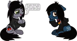Size: 2175x1164 | Tagged: safe, artist:lightningbolt, derpibooru import, oc, ponified, ponified:kellin quinn, ponified:oliver sykes, pony, undead, unicorn, zombie, zombie pony, .svg available, bags under eyes, bone, bring me the horizon, clothes, derpibooru exclusive, dialogue, disguise, disguised siren, duo, duo male, fangs, floppy ears, gay, hoodie, hooves together, horn, image, jewelry, lidded eyes, long sleeves, male, necklace, open mouth, png, scar, shipping, shirt, simple background, sitting, sleeping with sirens, slit pupils, smiling, smirk, stallion, stitches, t-shirt, talking, tattoo, torn ear, transparent background, vector