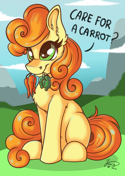 Size: 1920x2716 | Tagged: safe, artist:julunis14, derpibooru import, carrot top, golden harvest, earth pony, pony, carrot, female, food, image, jpeg, mare, mouth hold, sitting, solo