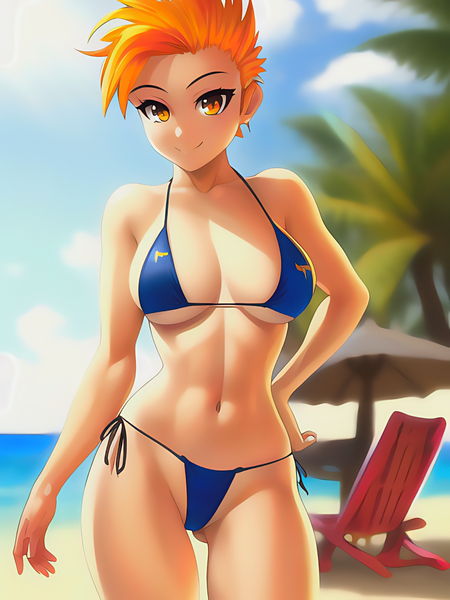 Size: 1020x1360 | Tagged: suggestive, derpibooru import, editor:sammykun, machine learning generated, novelai, stable diffusion, spitfire, human, equestria girls, athletic, beach, beach chair, belly button, bikini, breasts, busty spitfire, chair, clothes, cloud, female, humanized, image, looking at you, midriff, ocean, palm tree, png, sand, sexy, solo, solo female, stupid sexy spitfire, sultry pose, swimsuit, tail, tailed humanization, toned, toned female, tree, umbrella, water