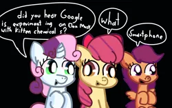 Size: 2552x1606 | Tagged: safe, artist:just loq, derpibooru import, apple bloom, scootaloo, sweetie belle, earth pony, pegasus, pony, unicorn, adorabloom, black background, bow, cute, cutealoo, cutie mark crusaders, derp, dialogue, diasweetes, female, filly, google experimenting on elon musk with kitten chemicals, image, meme, mobile phone, phone, png, shitposting, simple background, smartphone, speech bubble, text, wat