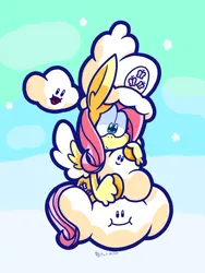 Size: 1536x2048 | Tagged: safe, artist:derp-rose, derpibooru import, fluttershy, pegasus, pony, cloud, cute, female, hat, image, mare, on a cloud, png, shyabetes, sitting, sitting on cloud, solo