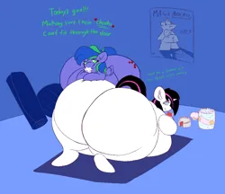Size: 1139x983 | Tagged: suggestive, artist:sea fluff, derpibooru import, oc, oc:felicity stars, oc:quick strike, pegasus, pony, unicorn, butt, cake, exercise ball, fat, female, females only, food, horn, huge butt, image, implied butt expansion, large butt, milkshake, obese, pegasus oc, png, poster, unicorn oc, weight gain, wide hips, wings, yoga mat