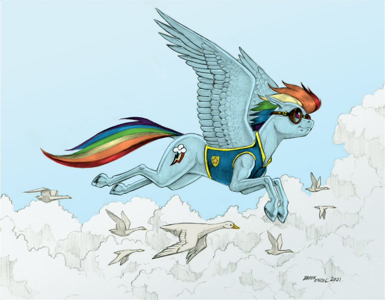 Size: 1400x1089 | Tagged: safe, artist:baron engel, color edit, derpibooru import, edit, editor:maonyman, rainbow dash, bird, pegasus, pony, clothes, cloud, colored, cutie mark, dock, female, flying, goggles, image, mare, migration, pencil drawing, png, tail, traditional art, winter wrap up vest