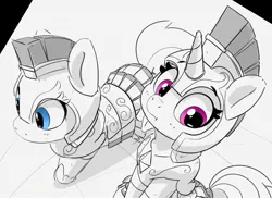 Size: 1852x1345 | Tagged: safe, artist:pabbley, derpibooru import, earth pony, pony, unicorn, armor, cute, duo, female, grayscale, guardsmare, helmet, high angle, image, jpeg, mare, monochrome, partial color, royal guard, sitting