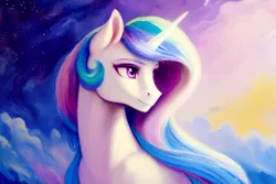 Size: 1920x1280 | Tagged: safe, derpibooru import, editor:dovakkins, machine learning generated, stable diffusion, princess celestia, alicorn, pony, beautiful, cloud, cloudy, derpibooru exclusive, female, image, jewelry, long mane, majestic, mare, missing accessory, peytral, png, regalia, smiling, solo