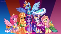 Size: 1920x1080 | Tagged: safe, artist:moonseeker, derpibooru import, applejack, fluttershy, pinkie pie, rainbow dash, rarity, twilight sparkle, twilight sparkle (alicorn), alicorn, alicorn six, alicornified, applecorn, clothes, crown, dress, fluttercorn, horn, image, jewelry, lidded eyes, looking at you, mane six, open mouth, open smile, pinkiecorn, png, race swap, rainbowcorn, raricorn, regalia, smiling, smiling at you, wings, xk-class end-of-the-world scenario