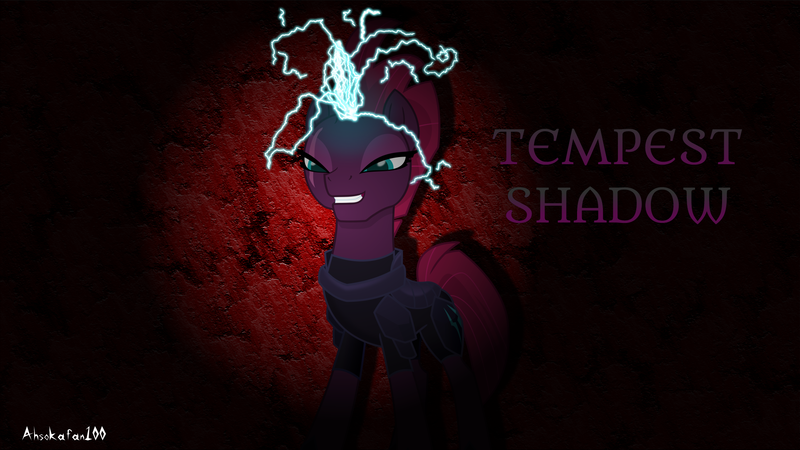 Size: 1920x1080 | Tagged: safe, artist:ahsokafan100, artist:cheezedoodle96, derpibooru import, tempest shadow, pony, unicorn, my little pony: the movie, armor, broken horn, eye scar, facial scar, female, glow, glowing horn, gritted teeth, horn, image, mare, png, scar, solo, sparks, teeth, text, wallpaper