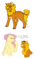 Size: 3096x5125 | Tagged: safe, artist:brushielovesu, derpibooru import, fluttershy, oc, oc:mimosa, frog, pegasus, pony, blush sticker, blushing, dialogue, duo, female, foal, grin, image, interspecies offspring, kirin hybrid, magical lesbian spawn, male, mother and child, mother and son, offspring, older, older fluttershy, parent:autumn blaze, parent:fluttershy, parents:autumnshy, pet, pet oc, png, simple background, smiling, white background