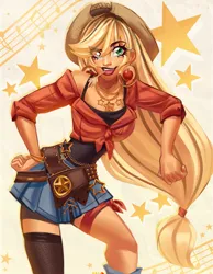 Size: 3185x4095 | Tagged: safe, artist:kyurochurro, derpibooru import, part of a set, applejack, human, alternate hairstyle, bandana, belt, bracelet, breasts, busty applejack, clothes, denim, denim skirt, ear piercing, earring, eyeshadow, female, flannel, holster, humanized, image, jewelry, lipstick, makeup, mismatched socks, music notes, necklace, open mouth, piercing, png, shirt, simple background, skirt, socks, solo, stars, stockings, straw in mouth, tanktop, thigh highs, white background