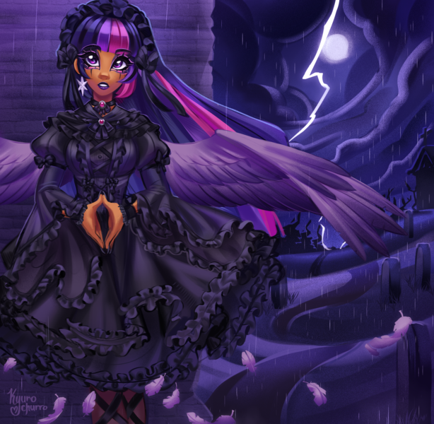 Size: 4147x4050 | Tagged: safe, artist:kyurochurro, derpibooru import, part of a set, twilight sparkle, human, alternate hairstyle, choker, clothes, cloud, dark skin, dress, ear piercing, earring, eyeshadow, feather, female, goth, gothic, graveyard, headdress, humanized, image, jewelry, lightning, lipstick, makeup, moon, nail polish, piercing, png, rain, solo, winged humanization, wings