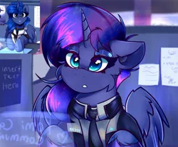 Size: 2048x1695 | Tagged: safe, artist:legionsunite, derpibooru import, princess luna, pony, robot, robot pony, comparison, computer, connor, connor luna, crossover, detroit: become human, draw this again, female, image, jpeg, mare, redraw, rk900, solo