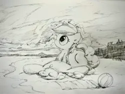 Size: 3280x2460 | Tagged: safe, artist:widelake, derpibooru import, pinkie pie, rainbow dash, earth pony, pegasus, beach, beach ball, duo, female, image, jpeg, pencil drawing, traditional art