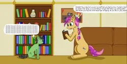 Size: 1635x828 | Tagged: safe, artist:nismorose, derpibooru import, sunny starscout, oc, oc:anon, oc:anonfilly, earth pony, pony, unicorn, my little pony: a new generation, angry, annoyed, boat, book, bookshelf, cheek fluff, chest fluff, couch, ear fluff, excited, female, filly, flower, g5, happy, horn, image, implied twilight sparkle, indoors, jpeg, picture, picture frame, sitting, slumped, speech, speech bubble, starry eyes, talking, text, vase, wingding eyes