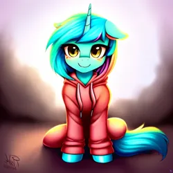 Size: 2048x2048 | Tagged: safe, derpibooru import, machine learning generated, purplesmart.ai, stable diffusion, lyra heartstrings, pony, unicorn, clothes, cute, female, front view, hoodie, image, looking at you, lyrabetes, mare, png, sitting, smiling, solo