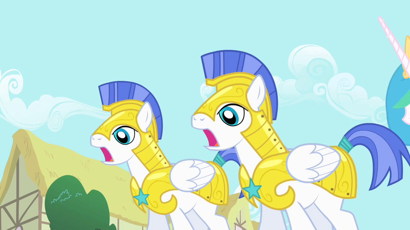 Size: 1280x720 | Tagged: safe, derpibooru import, screencap, princess celestia, alicorn, pegasus, pony, a bird in the hoof, season 1, female, image, male, mare, offscreen character, open mouth, png, reaction image, royal guard, shocked, stallion, trio