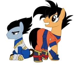 Size: 1815x1615 | Tagged: safe, artist:harmonicdreemur1308, derpibooru import, earth pony, pony, base used, clothes, dragon ball, dragon ball z, duo, frown, image, looking back, male, png, raised hoof, sitting, son goku, stallion, vegeta