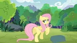 Size: 1316x740 | Tagged: safe, artist:mlpfan3991, derpibooru import, fluttershy, pegasus, pony, butt, female, flutterbutter, forest, image, mare, plot, png, pose, raised hoof, rock, sexy, solo, tree