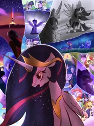 Size: 2048x2732 | Tagged: safe, artist:thebigstuff89, derpibooru import, applejack, fluttershy, izzy moonbow, moondancer, pinkie pie, princess celestia, rainbow dash, rarity, spike, starlight glimmer, sunny starscout, twilight sparkle, twilight sparkle (alicorn), alicorn, pony, the last problem, spoiler:g5, baby, baby spike, crystal brighthouse, ethereal mane, female, filly, filly izzy moonbow, filly twilight sparkle, g4, g4 to g5, g5, generation leap, hot air balloon, image, lantern, night, older, older twilight, opaline arcana, png, starry mane, stars, sunset, younger