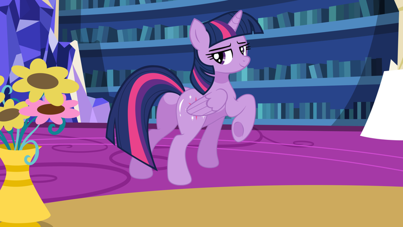 Size: 1316x740 | Tagged: safe, artist:mlpfan3991, derpibooru import, twilight sparkle, twilight sparkle (alicorn), alicorn, pony, bedroom eyes, butt, butt tail, female, flower, image, library, looking at you, looking back, looking back at you, mare, plot, png, pose, raised hoof, sexy, smiling, solo, twibutt, twilight's castle, twilight's castle library, underhoof, vase