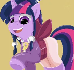 Size: 2000x1890 | Tagged: safe, artist:reinbou, derpibooru import, twilight sparkle, pony, unicorn, ace attorney, image, jewelry, maya fey, necklace, pixel art, png, simple background, solo, yellow background