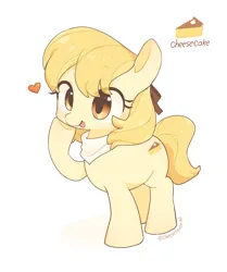 Size: 1713x2048 | Tagged: safe, artist:cheesesauce_45, derpibooru import, oc, oc:cheesecake, unofficial characters only, earth pony, pony, cute, earth pony oc, female, floating heart, heart, image, jpeg, mare, name, ocbetes, open mouth, open smile, signature, simple background, smiling, solo, white background