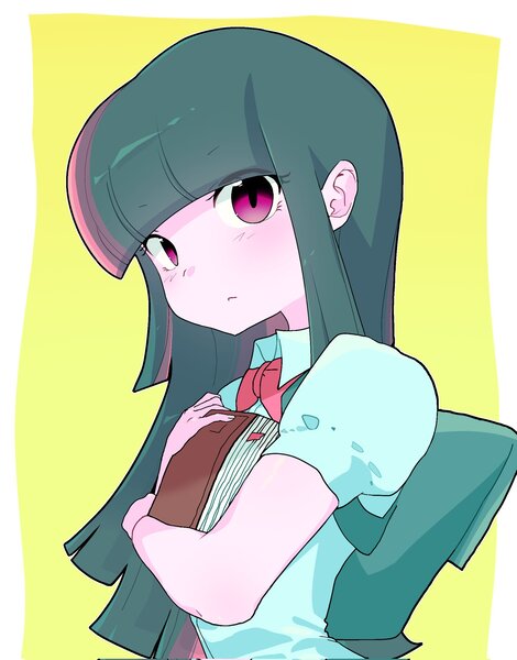 Size: 1603x2048 | Tagged: safe, artist:cheesesauce_45, derpibooru import, twilight sparkle, human, equestria girls, backpack, book, eye clipping through hair, female, image, jpeg, looking at you, passepartout, solo