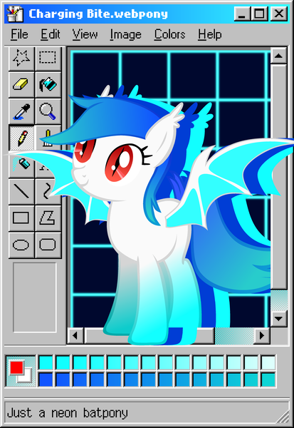 Size: 3095x4500 | Tagged: safe, artist:equestrian_pony, derpibooru import, oc, oc:charging bite, unofficial characters only, bat pony, pony, gradient, gradient hooves, gradient mane, gradient tail, image, microsoft, microsoft windows, ms paint, neon, png, retrowave, solo, tail, windows, windows 98