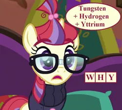 Size: 792x720 | Tagged: safe, derpibooru import, edit, edited screencap, screencap, moondancer, the point of no return, chemistry joke, clothes, cropped, glasses, image, png, reaction image, speech bubble, sweater, the tasty treat