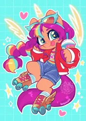 Size: 2381x3368 | Tagged: safe, artist:colorfulcolor233, derpibooru import, sunny starscout, pony, clothes, female, g5, image, jpeg, mare, ponytail, roller skates, skates, smiling, solo, sunglasses, wingdings