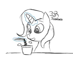 Size: 831x726 | Tagged: safe, artist:bifrose, derpibooru import, trixie, pony, chopsticks, eating, food, image, noodles, png, ramen, simple background, sketch, solo, white background