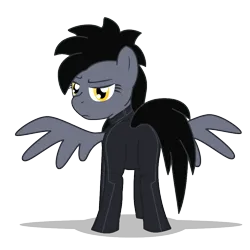 Size: 900x900 | Tagged: safe, artist:warren peace, derpibooru import, oc, oc:rainy day, unofficial characters only, pegasus, pony, fallout equestria, annoyed, ashes town, clothes, enclave, eyebrows, eyelashes, feathered wings, female, frown, full body, grand pegasus enclave, hooves, image, jumpsuit, looking at you, mare, pegasus oc, png, raised tail, rear view, shadow, show accurate, simple background, solo, solo female, spread wings, standing, tail, transparent background, wings