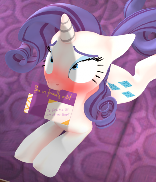 Size: 1774x2077 | Tagged: questionable, alternate version, artist:purplefondue, derpibooru import, rarity, pony, unicorn, 3d, blushing, female, horn, image, implied penis, implied sex, mouth hold, png, solo, tail, vulgar
