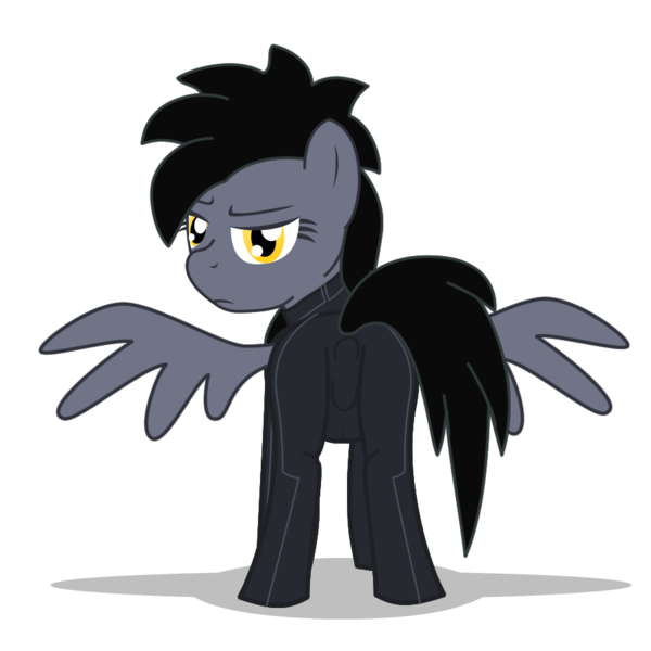 Size: 900x900 | Tagged: questionable, artist:warren peace, derpibooru import, oc, oc:rainy day, unofficial characters only, pegasus, pony, fallout equestria, annoyed, ashes town, clothes, enclave, eyebrows, eyelashes, feathered wings, female, frown, full body, grand pegasus enclave, hooves, image, implied anus, implied labia, jumpsuit, looking at you, mare, pegasus oc, png, raised tail, rear view, shadow, show accurate, simple background, solo, solo female, spread wings, standing, tail, transparent background, wings