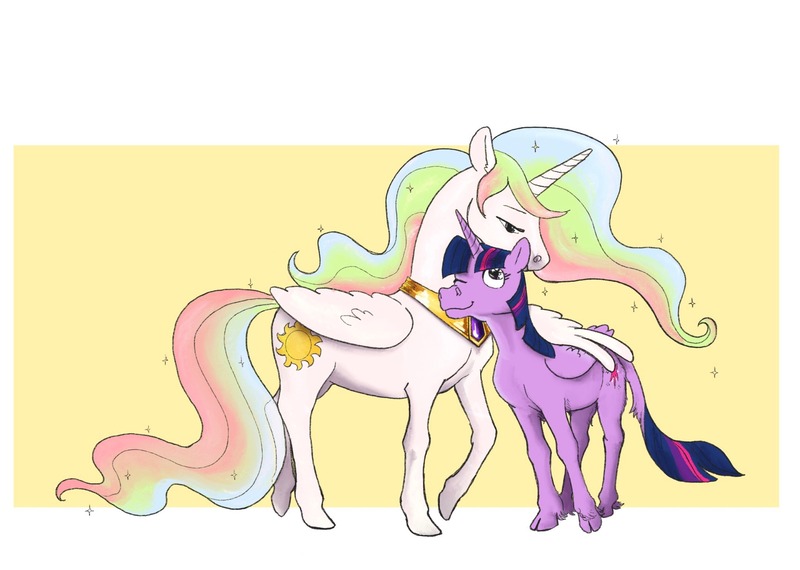 Size: 2048x1459 | Tagged: safe, artist:spectralunicorn, derpibooru import, princess celestia, twilight sparkle, twilight sparkle (alicorn), alicorn, classical unicorn, pony, unicorn, cloven hooves, duo, female, height difference, hug, image, jpeg, leonine tail, mare, nuzzling, one eye closed, passepartout, unshorn fetlocks, winghug, wings