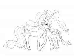 Size: 2048x1554 | Tagged: safe, artist:spectralunicorn, derpibooru import, princess celestia, twilight sparkle, twilight sparkle (alicorn), alicorn, classical unicorn, pony, unicorn, black and white, cloven hooves, duo, female, grayscale, height difference, hug, image, jpeg, leonine tail, mare, monochrome, nuzzling, one eye closed, simple background, sketch, tail, unshorn fetlocks, white background, winghug, wings