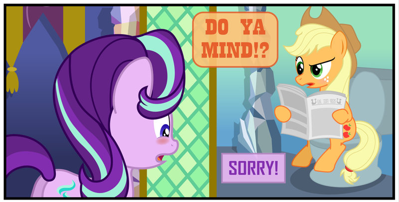 Size: 1579x803 | Tagged: safe, artist:gutovi, derpibooru import, applejack, starlight glimmer, earth pony, unicorn, bathroom, blushing, but why, cropped, dialogue, i can explain, image, implied pooping, newspaper, png, sitting, sitting on toilet, toilet