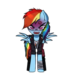 Size: 1000x1000 | Tagged: safe, artist:menalia, derpibooru import, rainbow dash, pegasus, pony, angry, bandage, boots, clothes, danganronpa, female, image, jacket, leather, leather jacket, looking at you, mare, pants, pixel art, png, shirt, shoes, simple background, solo, sprite, style emulation, tomboy, transparent background, wings