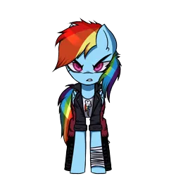 Size: 1000x1000 | Tagged: safe, artist:menalia, derpibooru import, rainbow dash, pegasus, pony, angry, bandage, boots, clothes, danganronpa, female, image, jacket, leather, leather jacket, looking at you, mare, pants, pixel art, png, shirt, shoes, simple background, solo, sprite, style emulation, tomboy, transparent background, wings