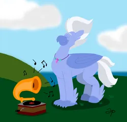 Size: 3571x3442 | Tagged: safe, artist:rotgriff, derpibooru import, sky beak, hippogriff, cloud, eyes closed, folded wings, g4, gramophone, image, listening to music, male, music, music notes, necktie, outdoors, phonograph, png, record, record player, smiling, solo, wings