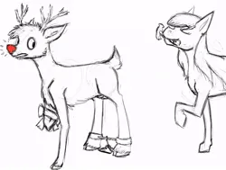 Size: 720x544 | Tagged: suggestive, artist:tempusfidgets, derpibooru import, oc, oc:autumn bramble, deer, earth pony, pony, reindeer, antlers, bondage, cloven hooves, eyes closed, hammer, image, jpeg, looking back, male, monochrome, mouth hold, open mouth, red nosed, rudolph the red nosed reindeer, smiling, unshorn fetlocks